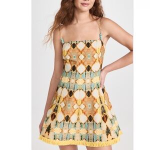 NWT Christian Lacroix Printed Fringe Trim Turquoise Beaded Sun Dress size medium